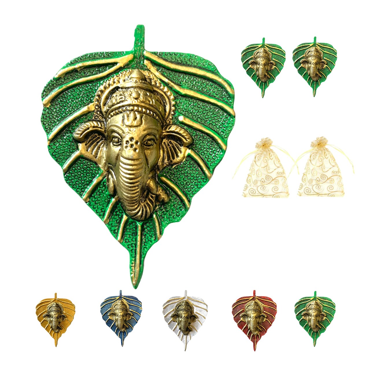 Metal Leaf Ganesha Diwali Decor Wall Hanging for Home & Office Housewarming Return Gift Pooja Favor Ganesha Decorative Wall Hanging Showpiece Pack of 1/2/5/25 Pcs